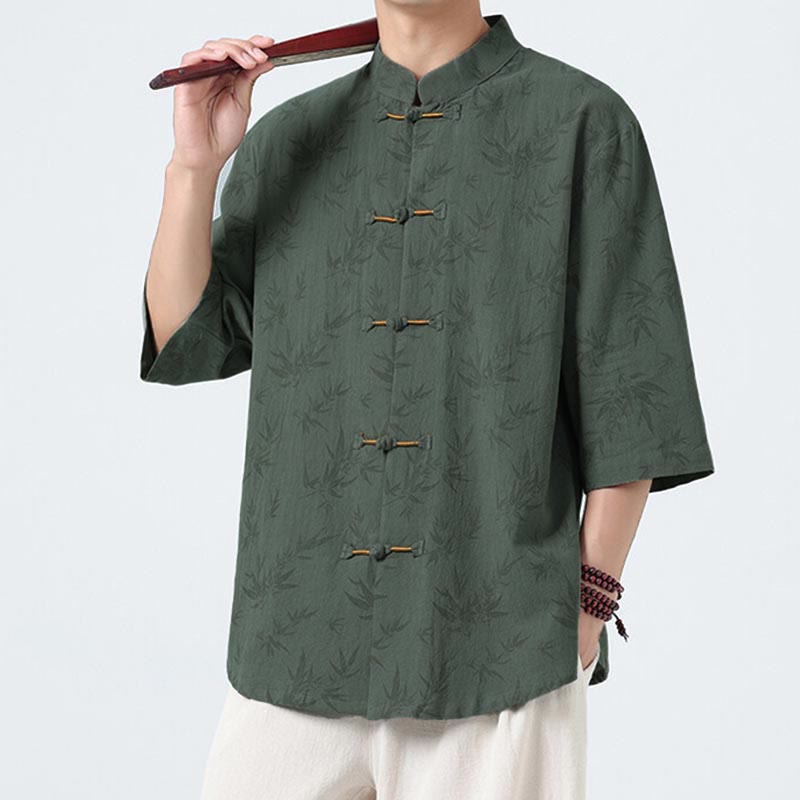Camicia da uomo a maniche corte in cotone e lino con bottoni cinesi, motivo a foglie di bambù Buddha Stones - image 10
