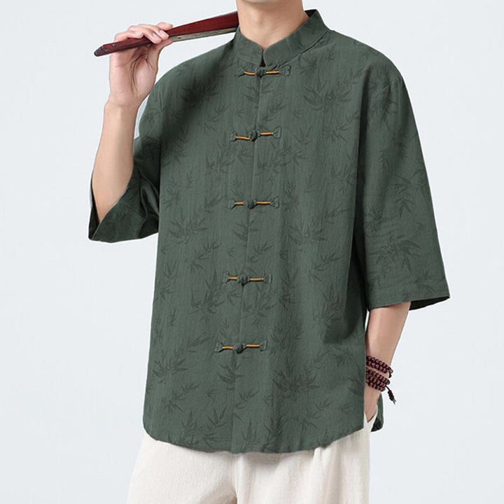 Camicia da uomo a maniche corte in cotone e lino con bottoni cinesi, motivo a foglie di bambù Buddha Stones - image 10