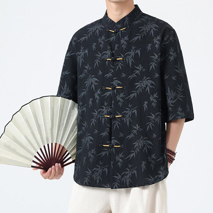 Camicia da uomo a maniche corte in cotone e lino con bottoni cinesi, motivo a foglie di bambù Buddha Stones - image 1