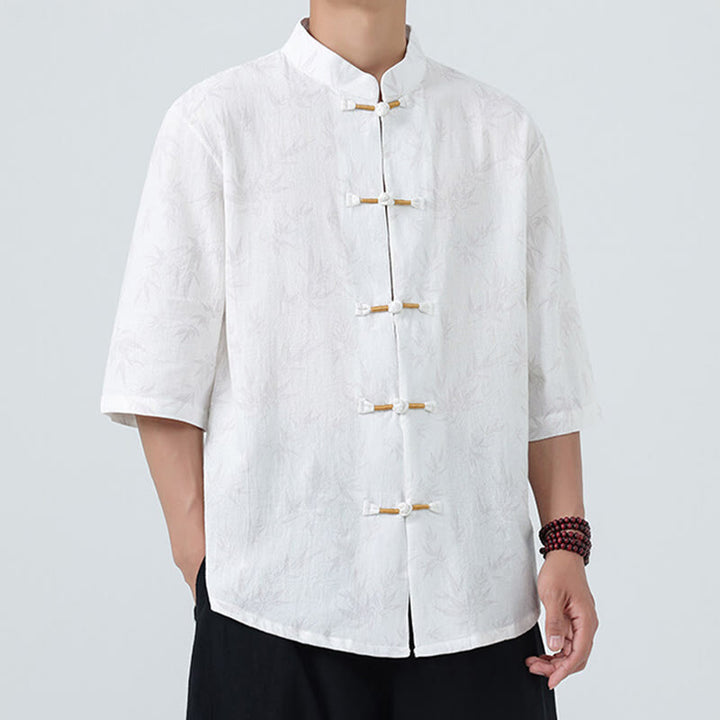 Camicia da uomo a maniche corte in cotone e lino con bottoni cinesi, motivo a foglie di bambù Buddha Stones - image 16