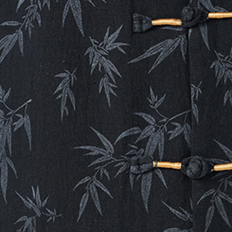 Camicia da uomo a maniche corte in cotone e lino con bottoni cinesi, motivo a foglie di bambù Buddha Stones - image 3