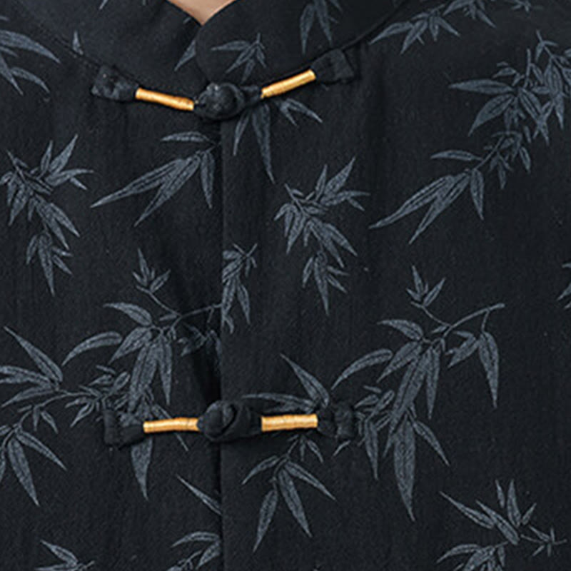 Camicia da uomo a maniche corte in cotone e lino con bottoni cinesi, motivo a foglie di bambù Buddha Stones - image 4