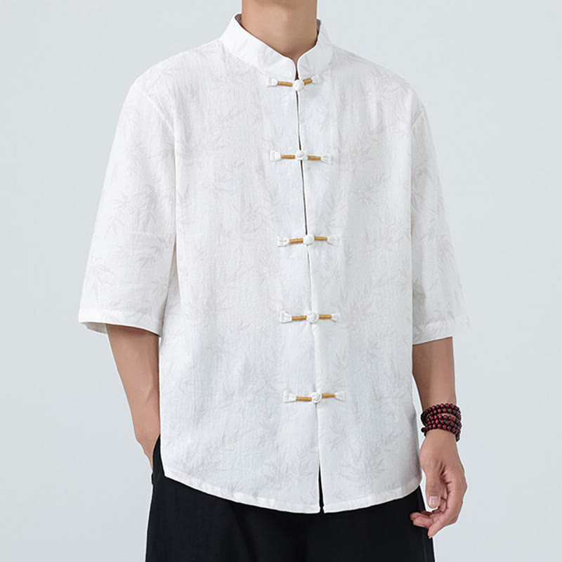 Camicia da uomo a maniche corte in cotone e lino con bottoni cinesi, motivo a foglie di bambù Buddha Stones - image 16