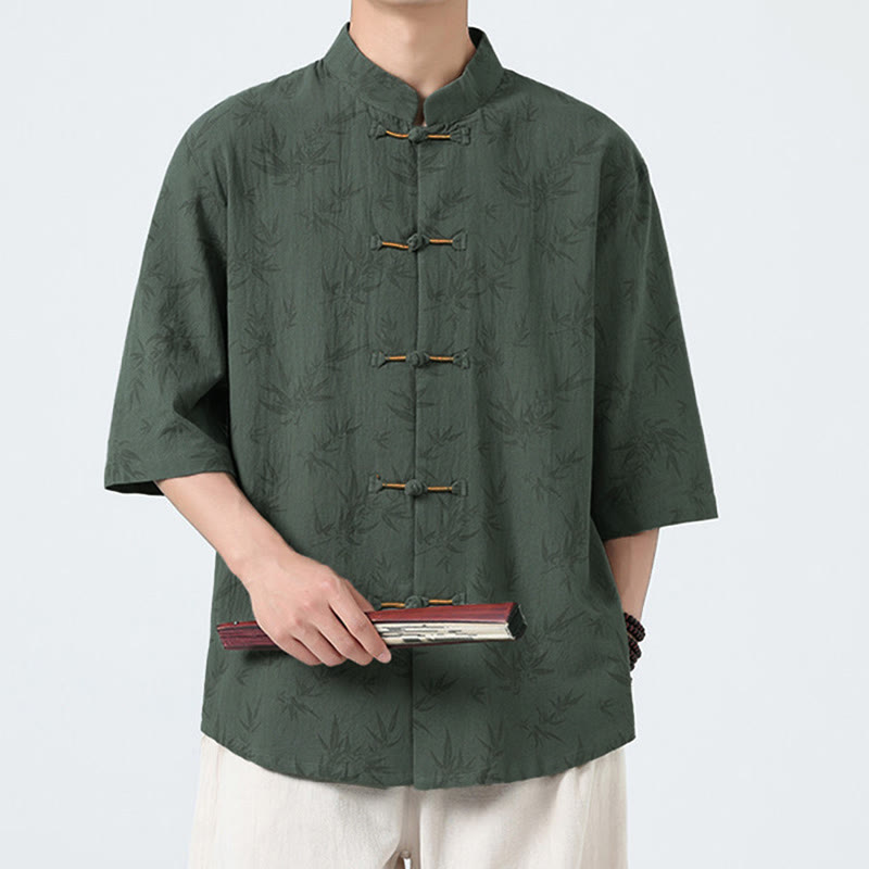 Camicia da uomo a maniche corte in cotone e lino con bottoni cinesi, motivo a foglie di bambù Buddha Stones - image 8