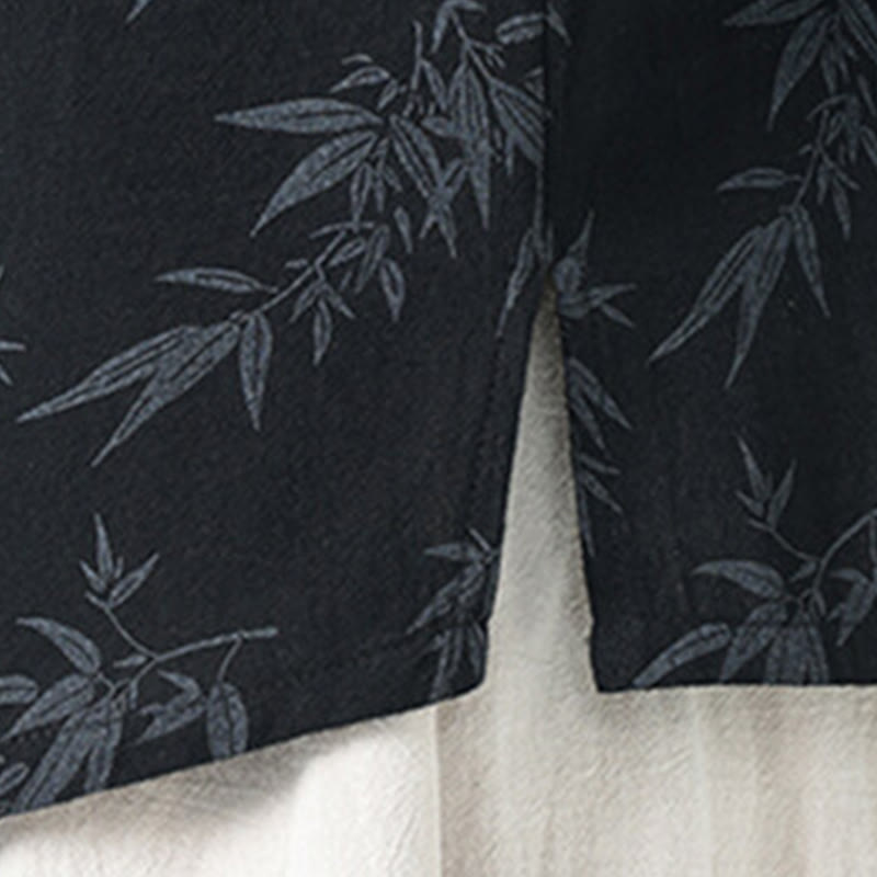 Camicia da uomo a maniche corte in cotone e lino con bottoni cinesi, motivo a foglie di bambù Buddha Stones - image 6