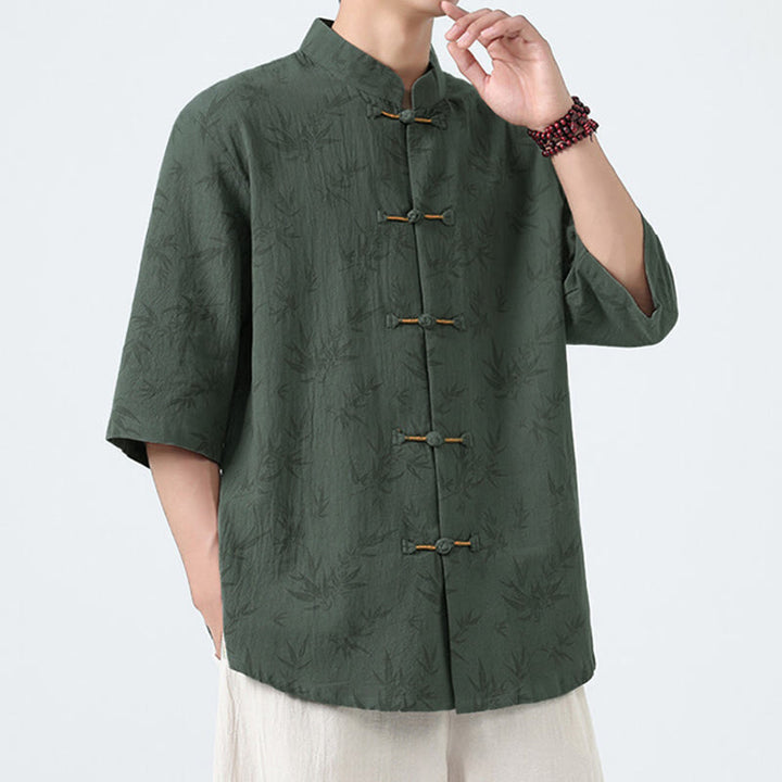 Camicia da uomo a maniche corte in cotone e lino con bottoni cinesi, motivo a foglie di bambù Buddha Stones - image 9