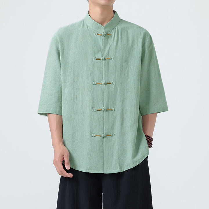 Camicia da uomo a maniche corte in cotone e lino con bottoni cinesi, motivo a foglie di bambù Buddha Stones - image 12