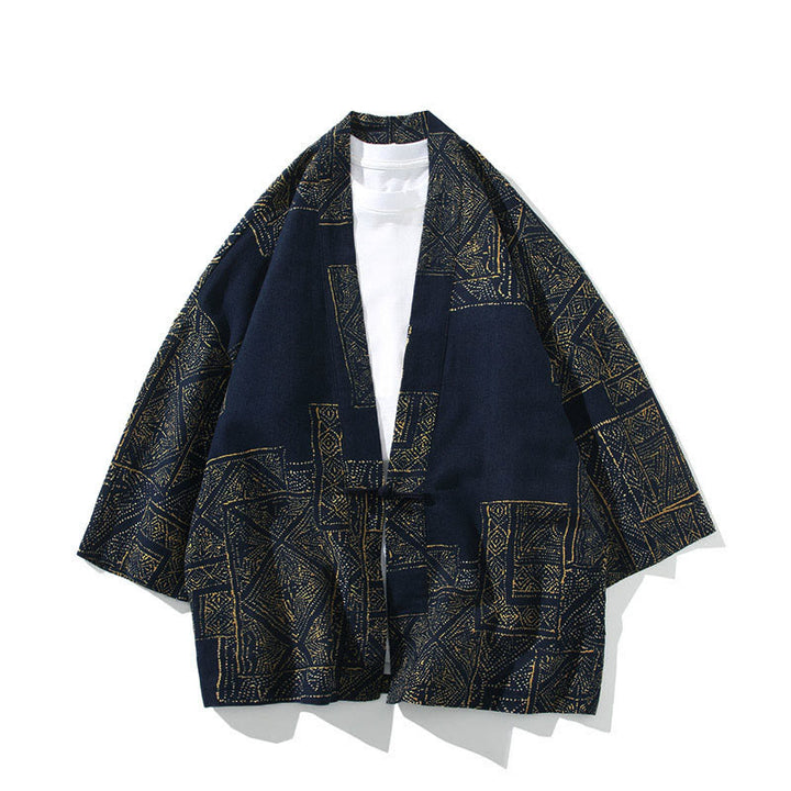 Giacca da uomo in cotone con maniche corte e aperta sul davanti, motivo Buddha Stones, strisce floreali, farfalle e inchiostro - Quadrato Blu - US/UK/AU46, EU56 (5XL) - image 0