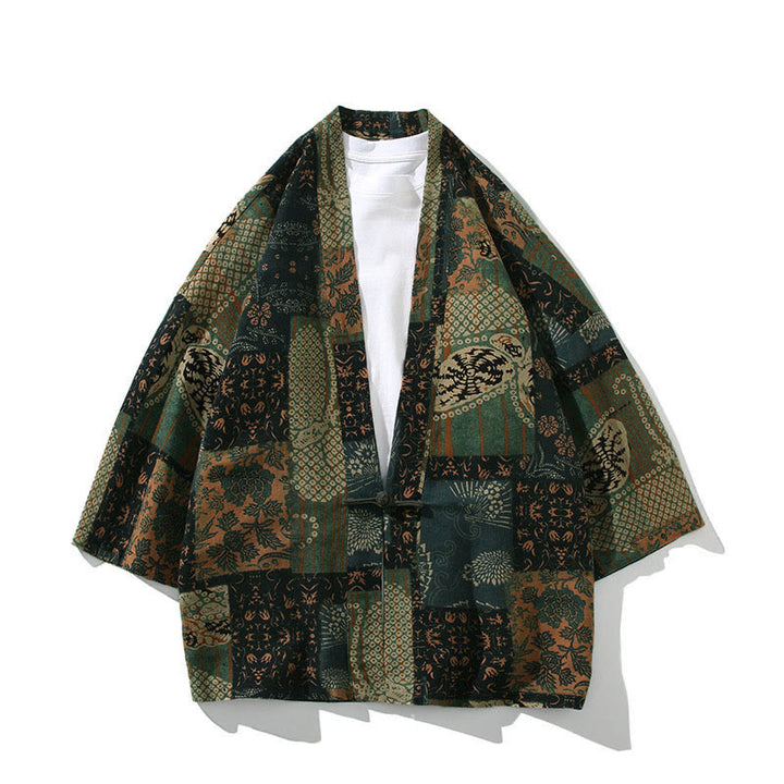 Giacca da uomo in cotone con maniche corte e aperta sul davanti, motivo Buddha Stones, strisce floreali, farfalle e inchiostro - Verde floreale - US/UK/AU46, EU56 (5XL) - image 11