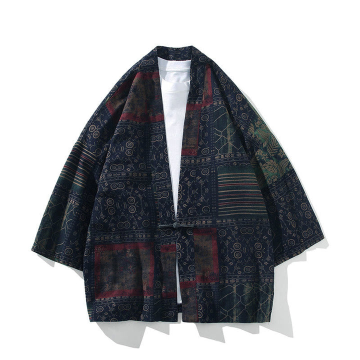 Giacca da uomo in cotone con maniche corte e aperta sul davanti, motivo Buddha Stones, strisce floreali, farfalle e inchiostro - Strisce blu acciaio - US/UK/AU46, EU56 (5XL) - image 12