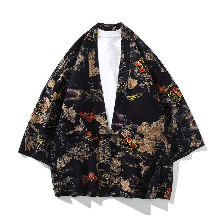 Giacca da uomo in cotone con maniche corte e aperta sul davanti, motivo Buddha Stones, strisce floreali, farfalle e inchiostro - Farfalla nera - US/UK/AU46, EU56 (5XL) - image 13