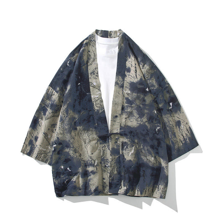 Giacca da uomo in cotone con maniche corte e aperta sul davanti, motivo Buddha Stones, strisce floreali, farfalle e inchiostro - Blu inchiostro beige - US/UK/AU46, EU56 (5XL) - image 14