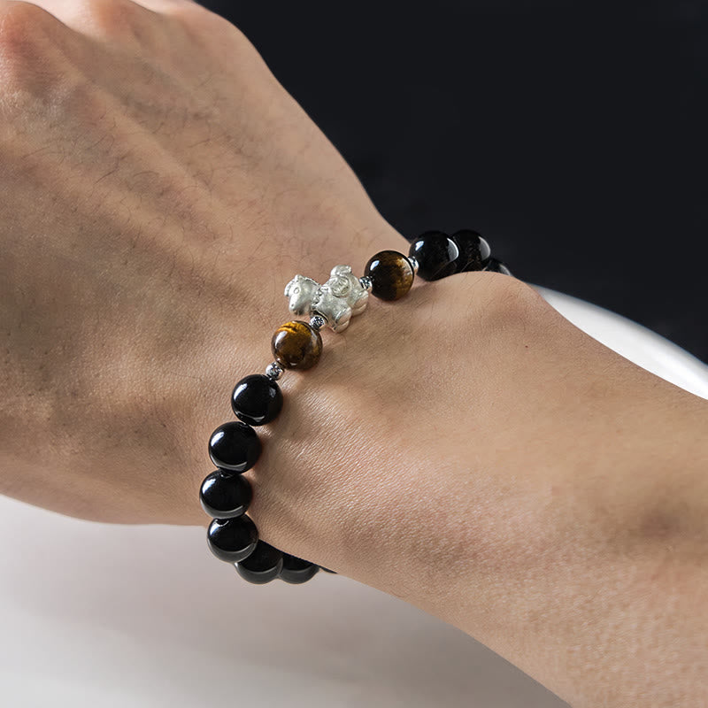Bracciale Buddha Stones Anno del Cavallo in Argento Sterling 999 con Ciondolo a Forma di Cavallo, Ossidiana Nera e Occhio di Tigre - image 4