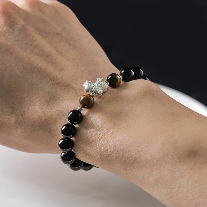 Bracciale Buddha Stones Anno del Cavallo in Argento Sterling 999 con Ciondolo a Forma di Cavallo, Ossidiana Nera e Occhio di Tigre - image 4