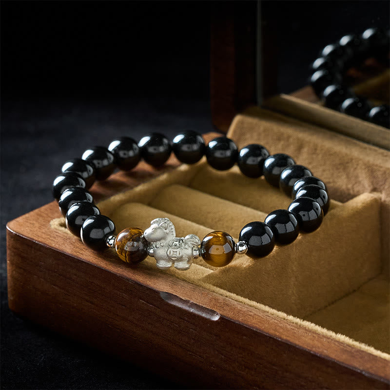 Bracciale Buddha Stones Anno del Cavallo in Argento Sterling 999 con Ciondolo a Forma di Cavallo, Ossidiana Nera e Occhio di Tigre - image 2
