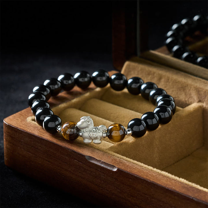 Bracciale Buddha Stones Anno del Cavallo in Argento Sterling 999 con Ciondolo a Forma di Cavallo, Ossidiana Nera e Occhio di Tigre - image 2