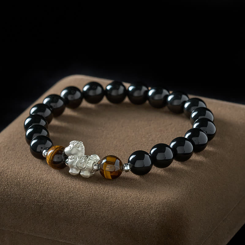 Bracciale Buddha Stones Anno del Cavallo in Argento Sterling 999 con Ciondolo a Forma di Cavallo, Ossidiana Nera e Occhio di Tigre - 10 mm - image 0