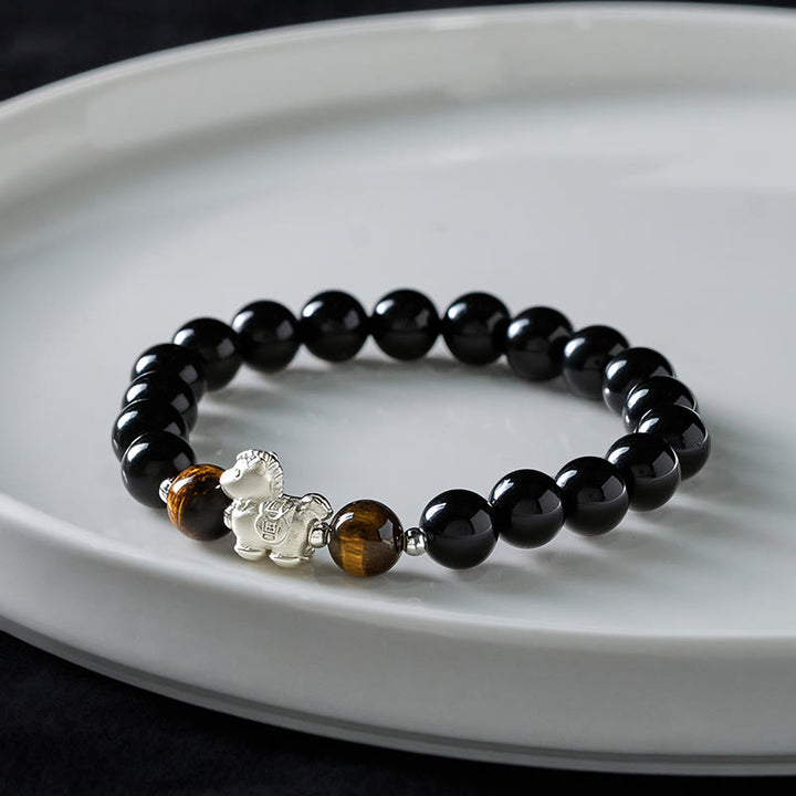 Bracciale Buddha Stones Anno del Cavallo in Argento Sterling 999 con Ciondolo a Forma di Cavallo, Ossidiana Nera e Occhio di Tigre - image 3