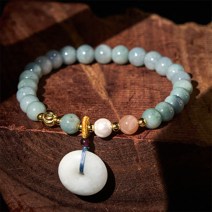 Braccialetto di buon auspicio con perline rotonde in giada e fibbia della pace Buddha Stones - Giada (circonferenza del polso: 14-16 cm) - 6,8 mm - image 0