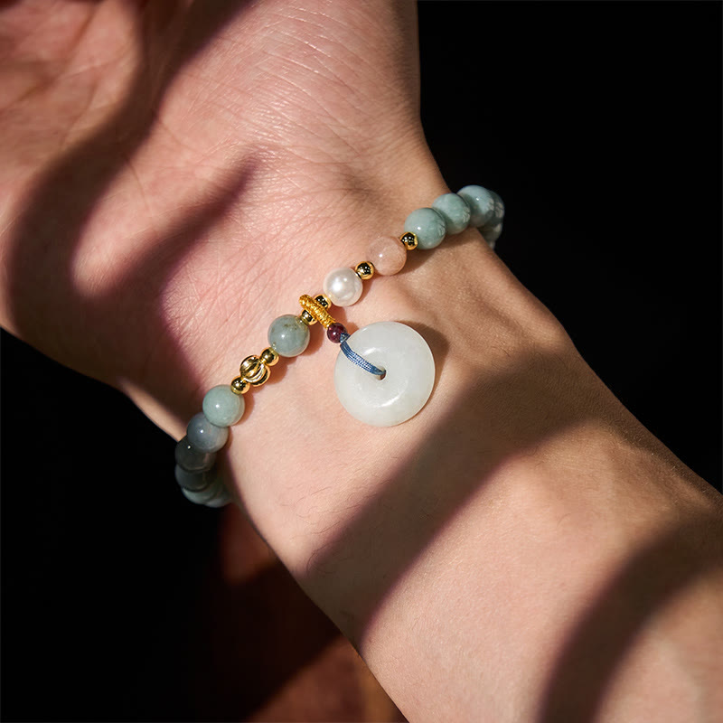 Braccialetto di buon auspicio con perline rotonde in giada e fibbia della pace Buddha Stones - image 5