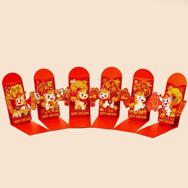 Buddha Stones Anno del Cavallo 2026 Capodanno Carattere Fu Standable 6 pezzi Busta rossa cinese - 6 pezzi Felicità Diventa ricco Personaggio Lucky Fu Successo Felice Set (17*9 cm) - image 0