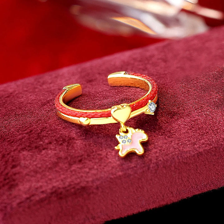 Anello aperto portafortuna in argento sterling 925 con cordino rosso Buddha Stones - Cordino rosso in argento 925 con unicorno dorato (regolabile) - image 1