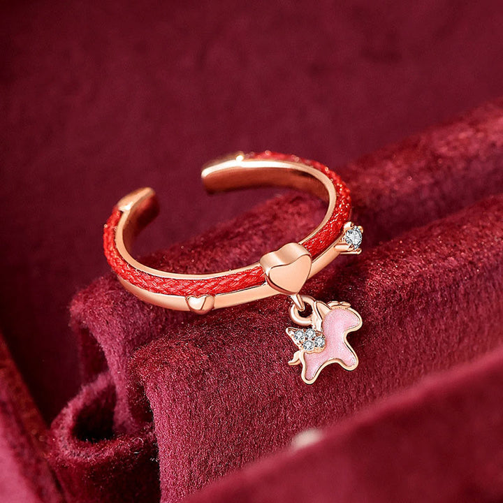 Anello aperto portafortuna in argento sterling 925 con cordino rosso Buddha Stones - Cordino rosso in argento 925 con unicorno rosa (regolabile) - image 0