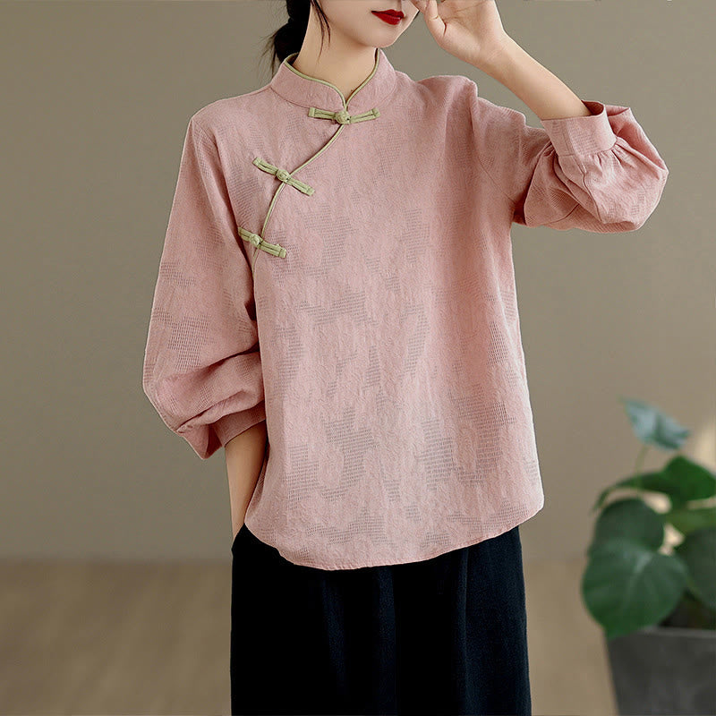 Camicia da donna in cotone a maniche lunghe con colletto rialzato e bottoni a rana, motivo floreale tradizionale Buddha Stones Spring - image 7