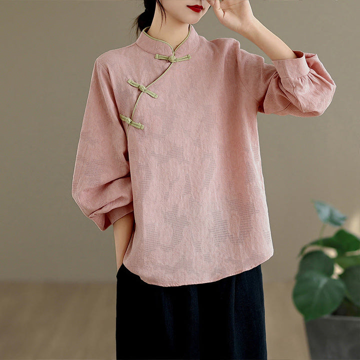 Camicia da donna in cotone a maniche lunghe con colletto rialzato e bottoni a rana, motivo floreale tradizionale Buddha Stones Spring - image 7