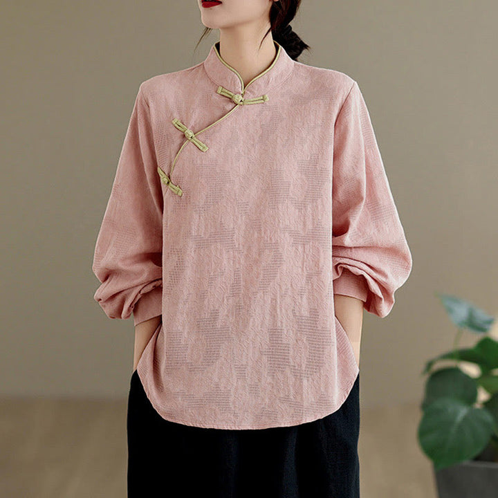 Camicia da donna in cotone a maniche lunghe con colletto rialzato e bottoni a rana, motivo floreale tradizionale Buddha Stones Spring - Rosa - US8-10, UK/AU12-14, EU40-42 (2XL) - image 6