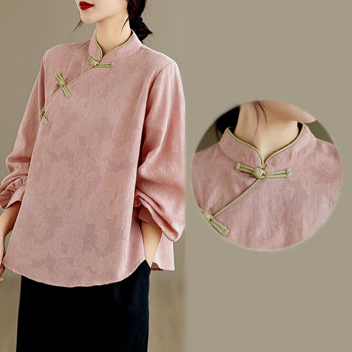 Camicia da donna in cotone a maniche lunghe con colletto rialzato e bottoni a rana, motivo floreale tradizionale Buddha Stones Spring - image 16