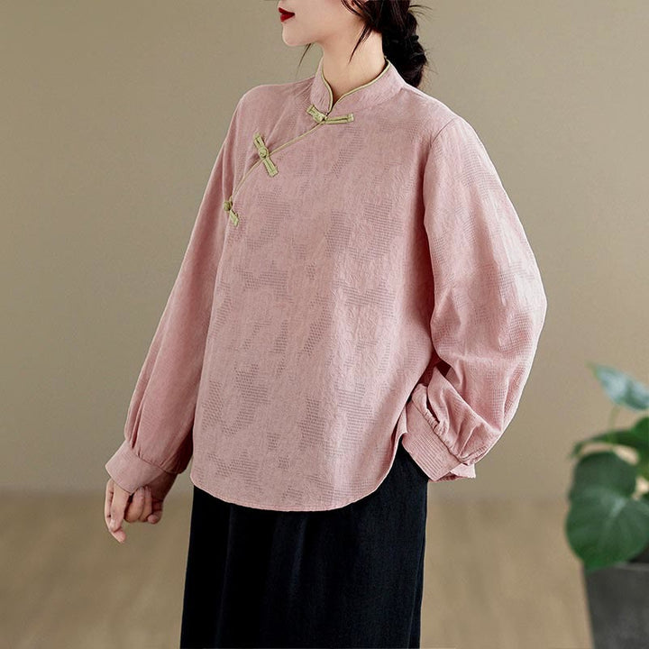 Camicia da donna in cotone a maniche lunghe con colletto rialzato e bottoni a rana, motivo floreale tradizionale Buddha Stones Spring - image 8