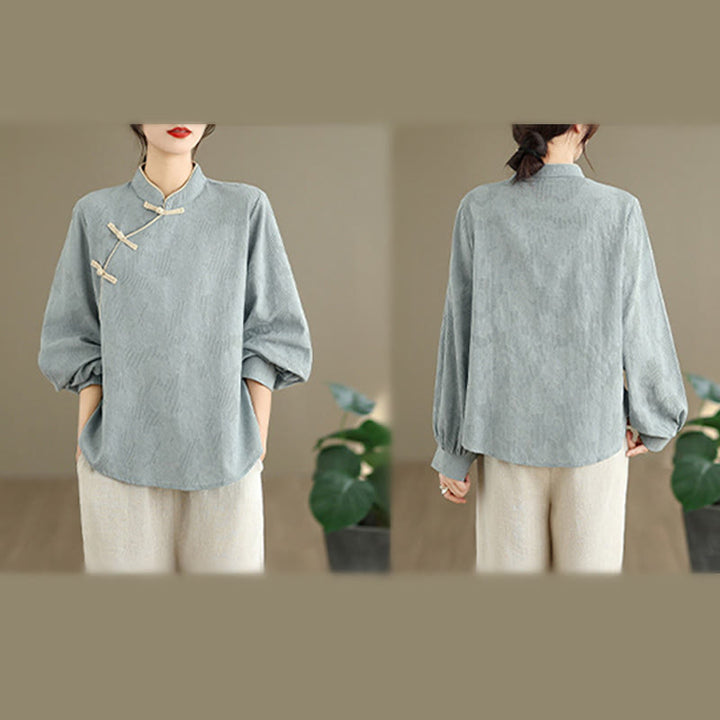 Camicia da donna in cotone a maniche lunghe con colletto rialzato e bottoni a rana, motivo floreale tradizionale Buddha Stones Spring - image 5