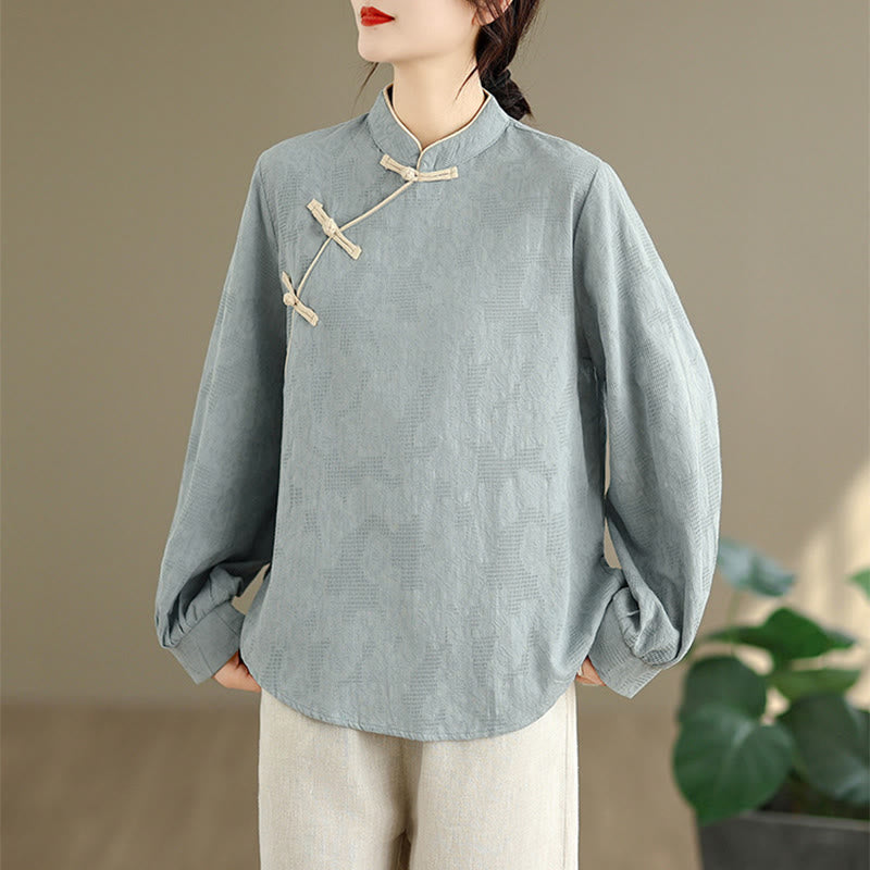 Camicia da donna in cotone a maniche lunghe con colletto rialzato e bottoni a rana, motivo floreale tradizionale Buddha Stones Spring - image 2