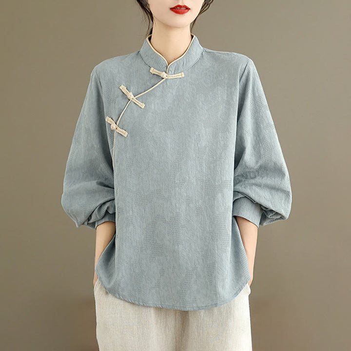 Camicia da donna in cotone a maniche lunghe con colletto rialzato e bottoni a rana, motivo floreale tradizionale Buddha Stones Spring - image 1