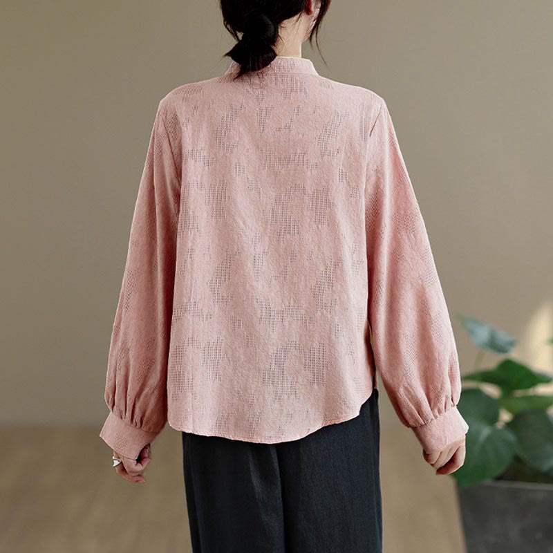 Camicia da donna in cotone a maniche lunghe con colletto rialzato e bottoni a rana, motivo floreale tradizionale Buddha Stones Spring - image 9