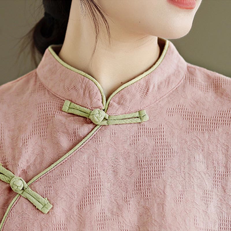 Camicia da donna in cotone a maniche lunghe con colletto rialzato e bottoni a rana, motivo floreale tradizionale Buddha Stones Spring - image 11
