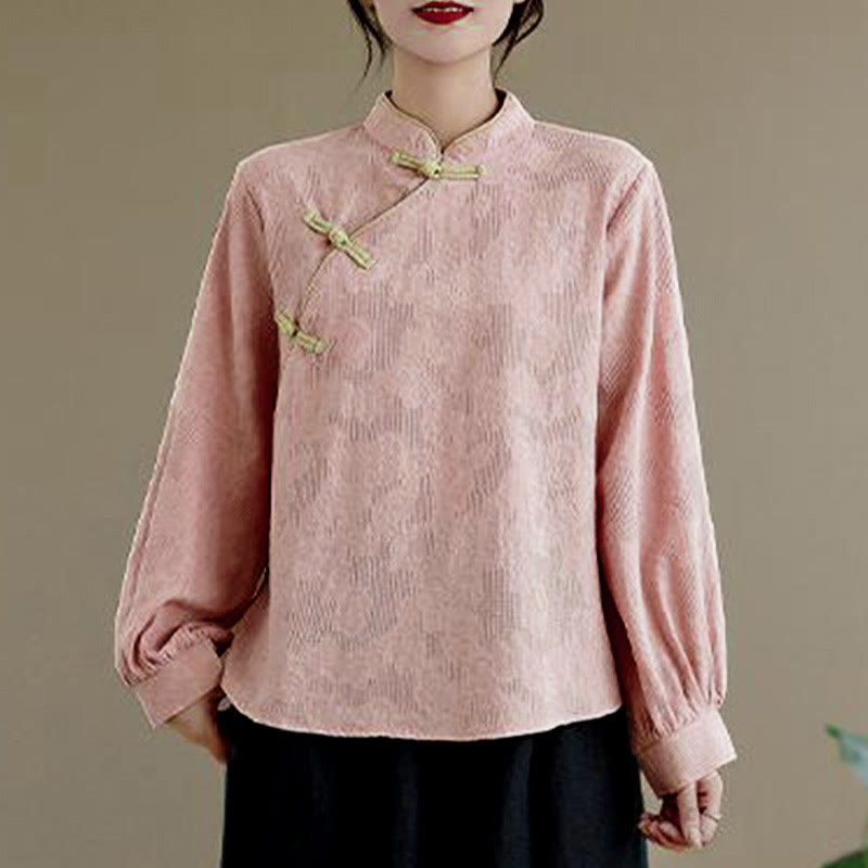 Camicia da donna in cotone a maniche lunghe con colletto rialzato e bottoni a rana, motivo floreale tradizionale Buddha Stones Spring - image 10