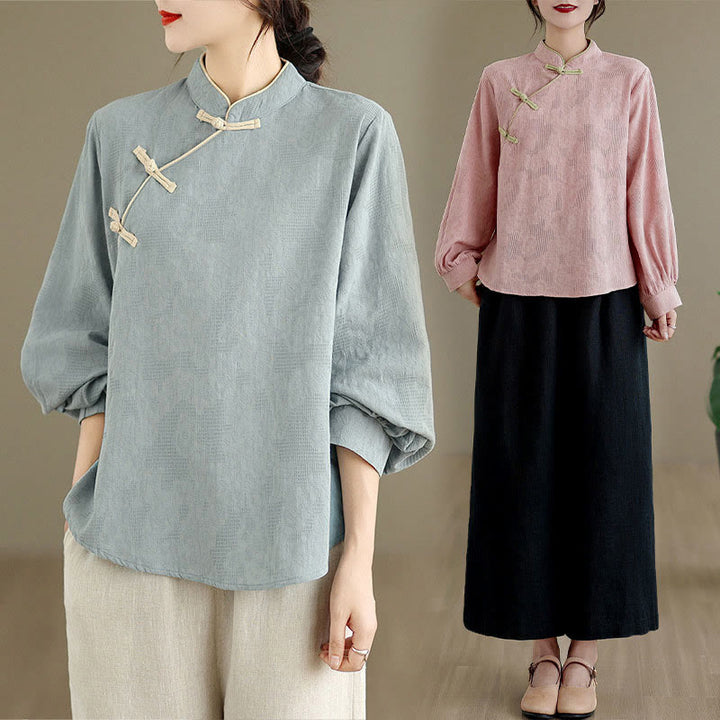 Camicia da donna in cotone a maniche lunghe con colletto rialzato e bottoni a rana, motivo floreale tradizionale Buddha Stones Spring - image 19