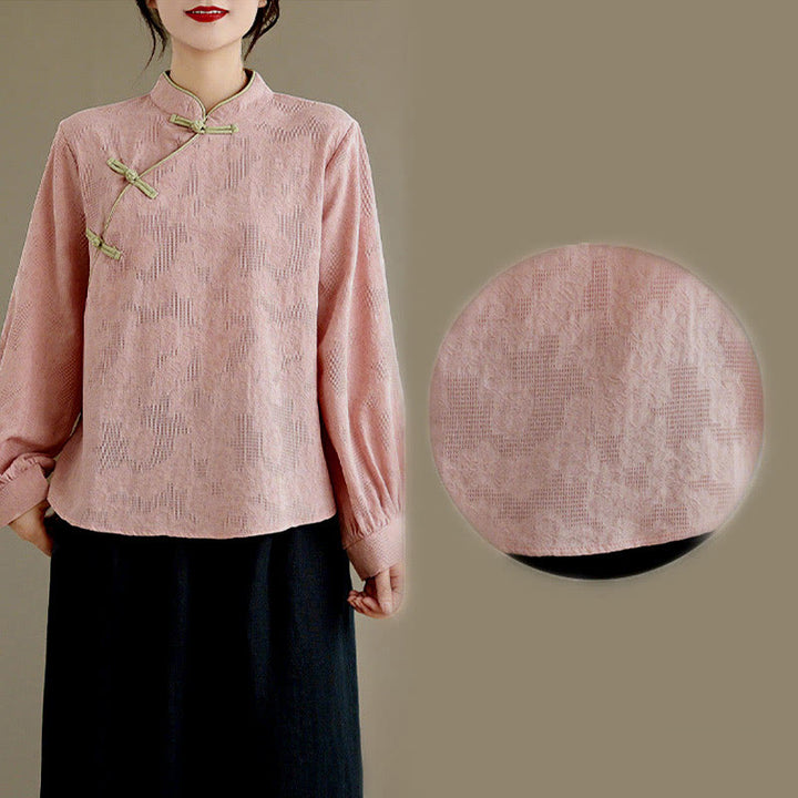 Camicia da donna in cotone a maniche lunghe con colletto rialzato e bottoni a rana, motivo floreale tradizionale Buddha Stones Spring - image 17