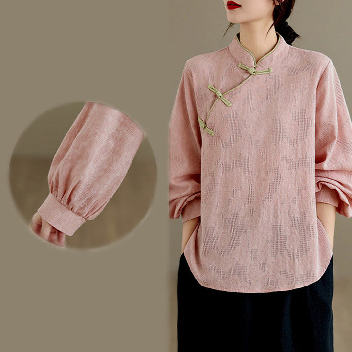 Camicia da donna in cotone a maniche lunghe con colletto rialzato e bottoni a rana, motivo floreale tradizionale Buddha Stones Spring - image 18