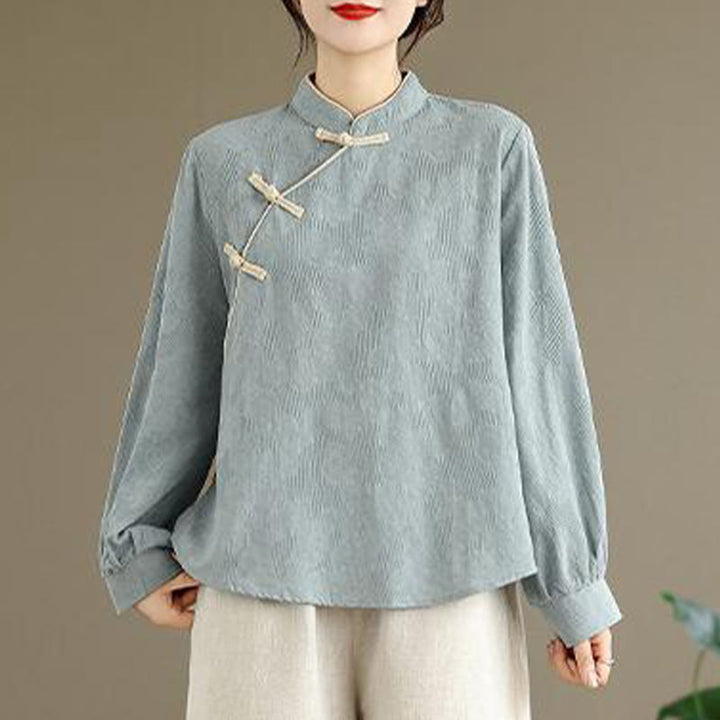 Camicia da donna in cotone a maniche lunghe con colletto rialzato e bottoni a rana, motivo floreale tradizionale Buddha Stones Spring - Azzurro chiaro - US8-10, UK/AU12-14, EU40-42 (2XL) - image 0