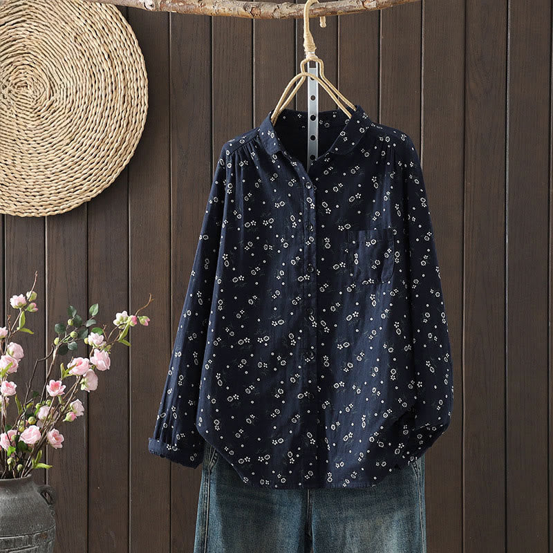 Camicia da donna in cotone a maniche lunghe con piccoli bottoni e motivo floreale autunnale Buddha Stones - SteelBlue - US8-10, UK/AU12-14, EU40-42 (2XL) - image 0