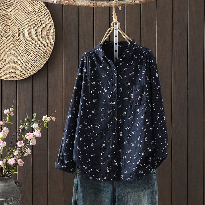 Camicia da donna in cotone a maniche lunghe con piccoli bottoni e motivo floreale autunnale Buddha Stones - SteelBlue - US8-10, UK/AU12-14, EU40-42 (2XL) - image 0