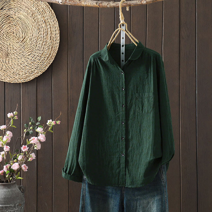Camicia da donna in cotone a maniche lunghe con piccoli bottoni e motivo floreale autunnale Buddha Stones - Verde scuro - US8-10, UK/AU12-14, EU40-42 (2XL) - image 17