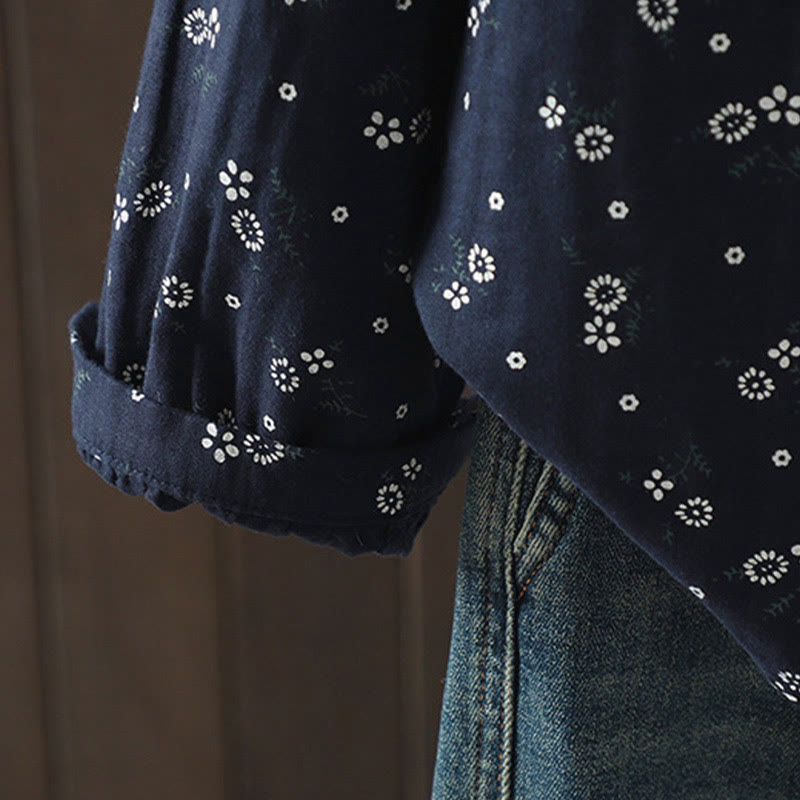 Camicia da donna in cotone a maniche lunghe con piccoli bottoni e motivo floreale autunnale Buddha Stones - image 7