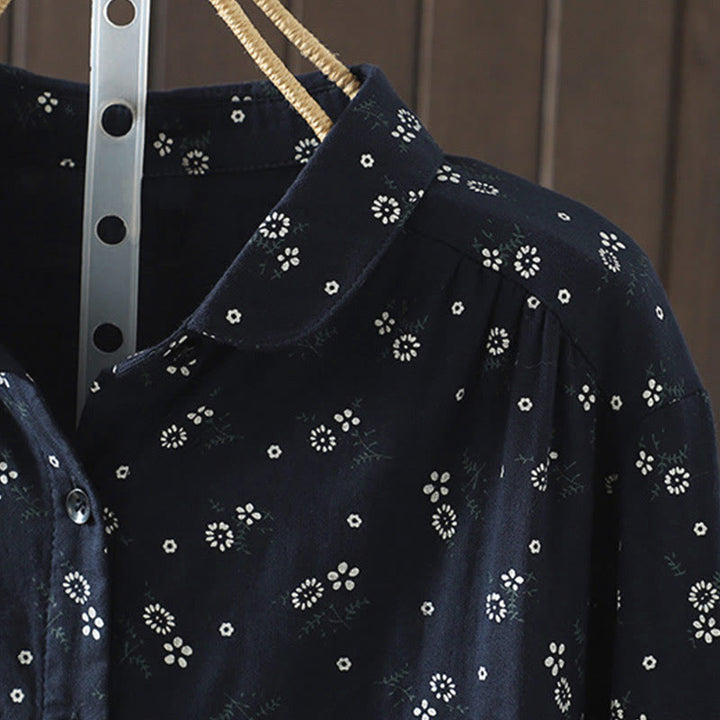 Camicia da donna in cotone a maniche lunghe con piccoli bottoni e motivo floreale autunnale Buddha Stones - image 5