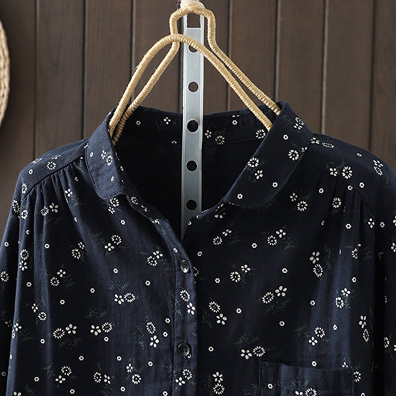 Camicia da donna in cotone a maniche lunghe con piccoli bottoni e motivo floreale autunnale Buddha Stones - image 3