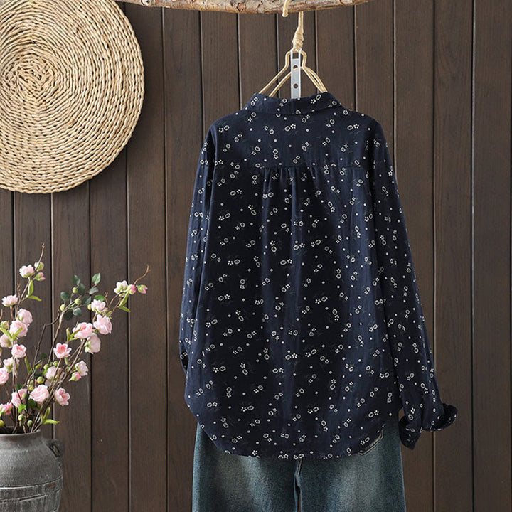 Camicia da donna in cotone a maniche lunghe con piccoli bottoni e motivo floreale autunnale Buddha Stones - image 2