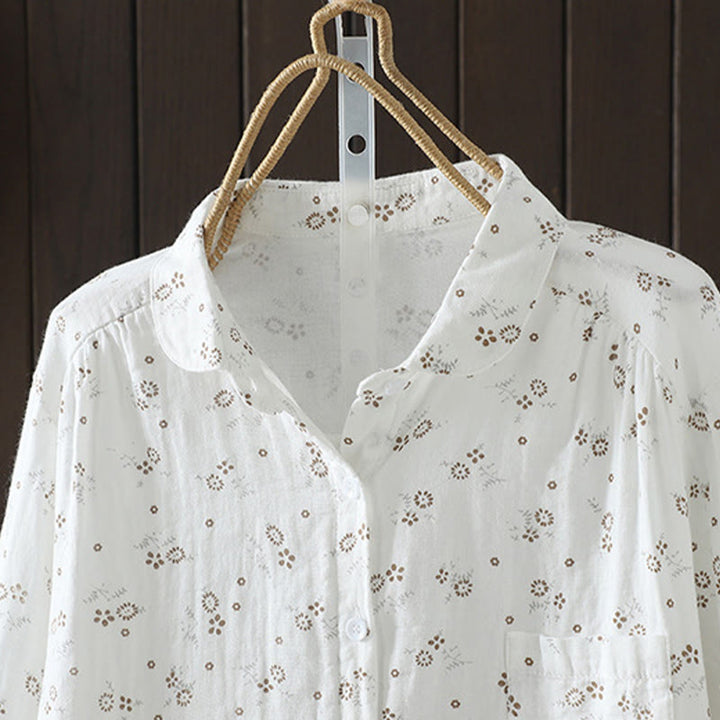 Camicia da donna in cotone a maniche lunghe con piccoli bottoni e motivo floreale autunnale Buddha Stones - image 12